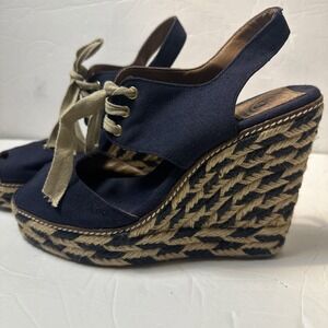 Tory Burch Shoes Navy Linley High Wedge Tie Espadrille Chunky Festive Vacation 9